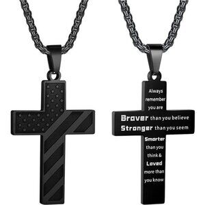 Black American Flag Cross Necklace Men Stainless Steel Box Chain 22+2 inch NEW